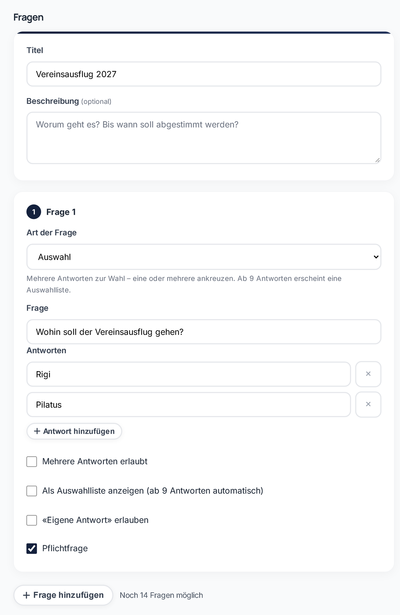 Creating a poll: title, question type, question and answers