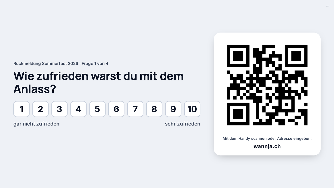 Presentation view on the projector: question, answer options and a large QR code with a short address