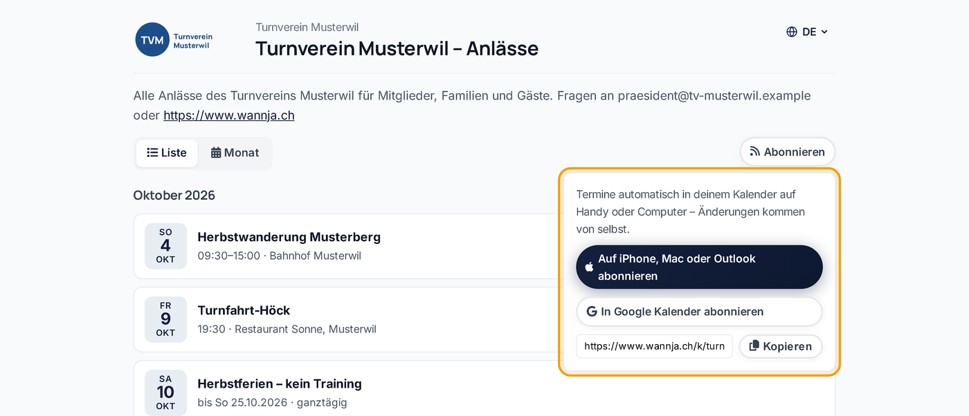 Kalenderseite mit dem Bereich «Abonnieren»