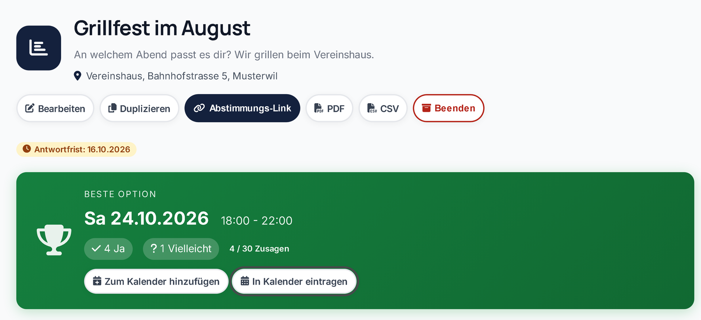 Ergebnis einer Umfrage mit dem Knopf «In Kalender eintragen»