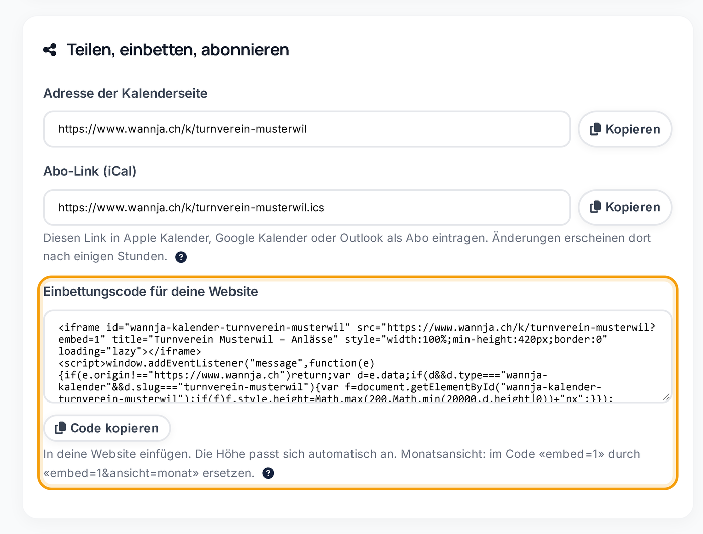 Einbettungscode des Kalenders kopieren