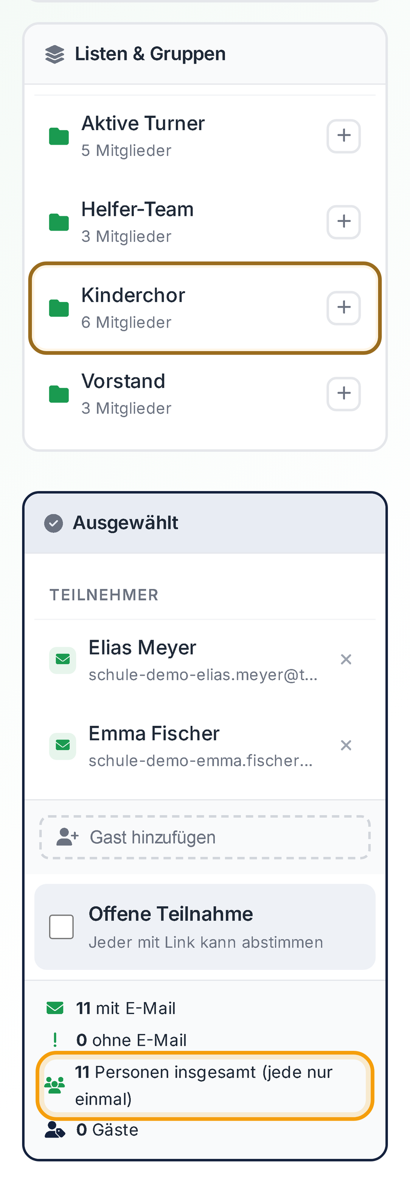 Listen und Gruppen einladen am Handy
