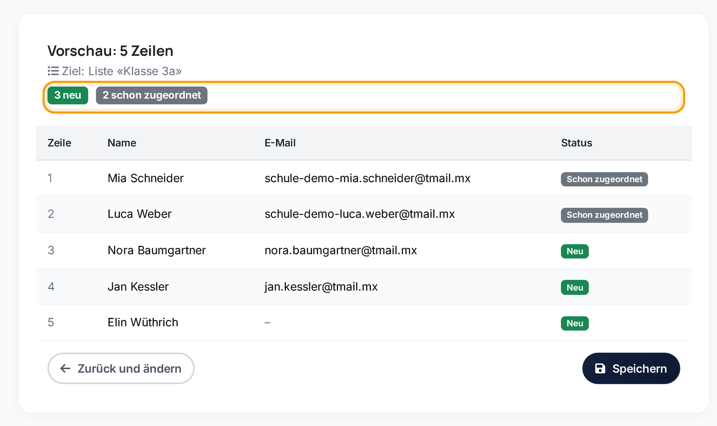 Vorschau beim Einfügen: welche Namen neu sind und welche schon da sind