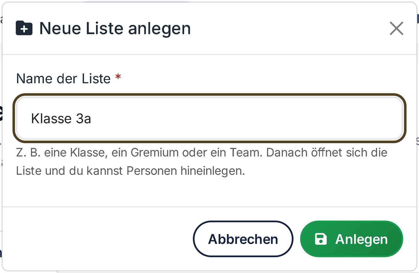 Fenster «Neue Liste» mit dem Namen Klasse 3a