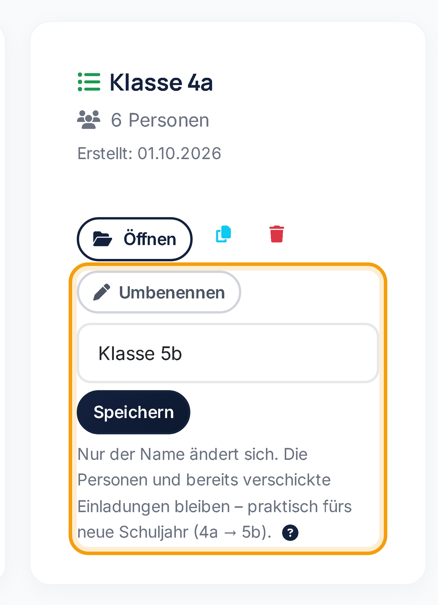Liste umbenennen: aus Klasse 4a wird Klasse 5b