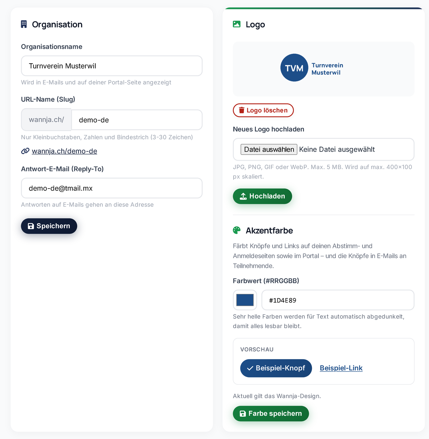 Einstellungen mit Organisationsname, Portal-Adresse, Logo und Akzentfarbe