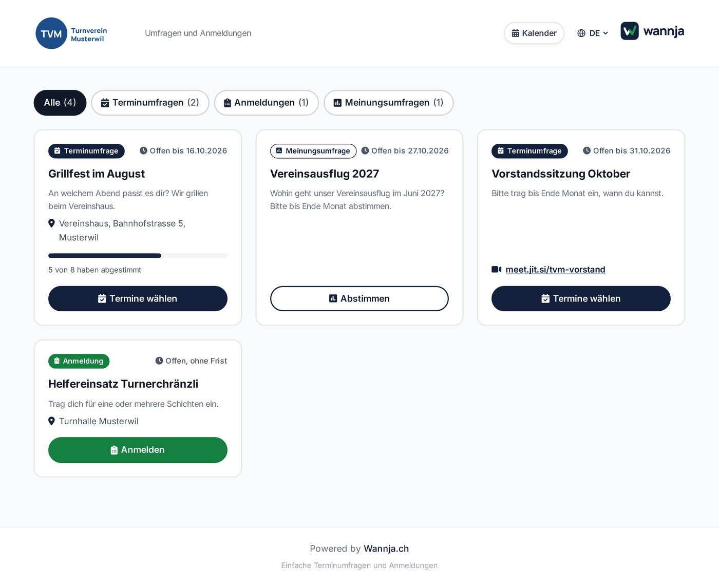 Öffentliches Vereins-Portal mit Logo, Umfragen, Anmeldung und Knopf «Kalender»