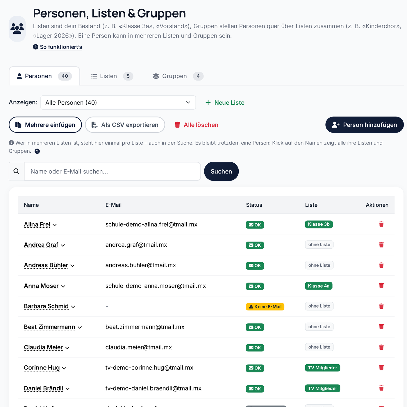 Personen mit Liste und Status, Reiter für Listen und Gruppen