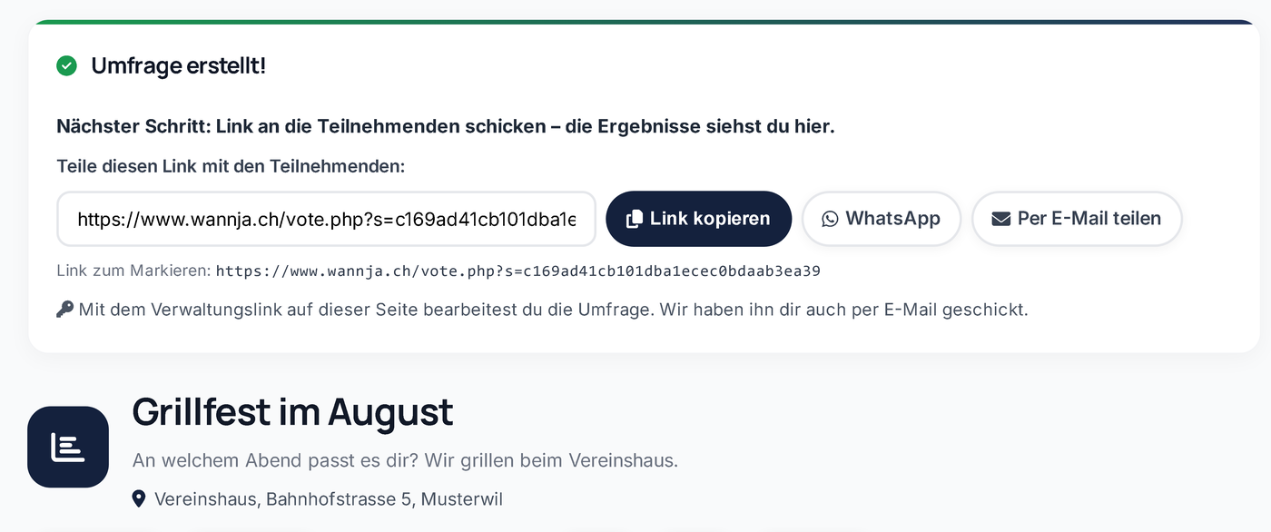 Umfrage per Link oder WhatsApp teilen