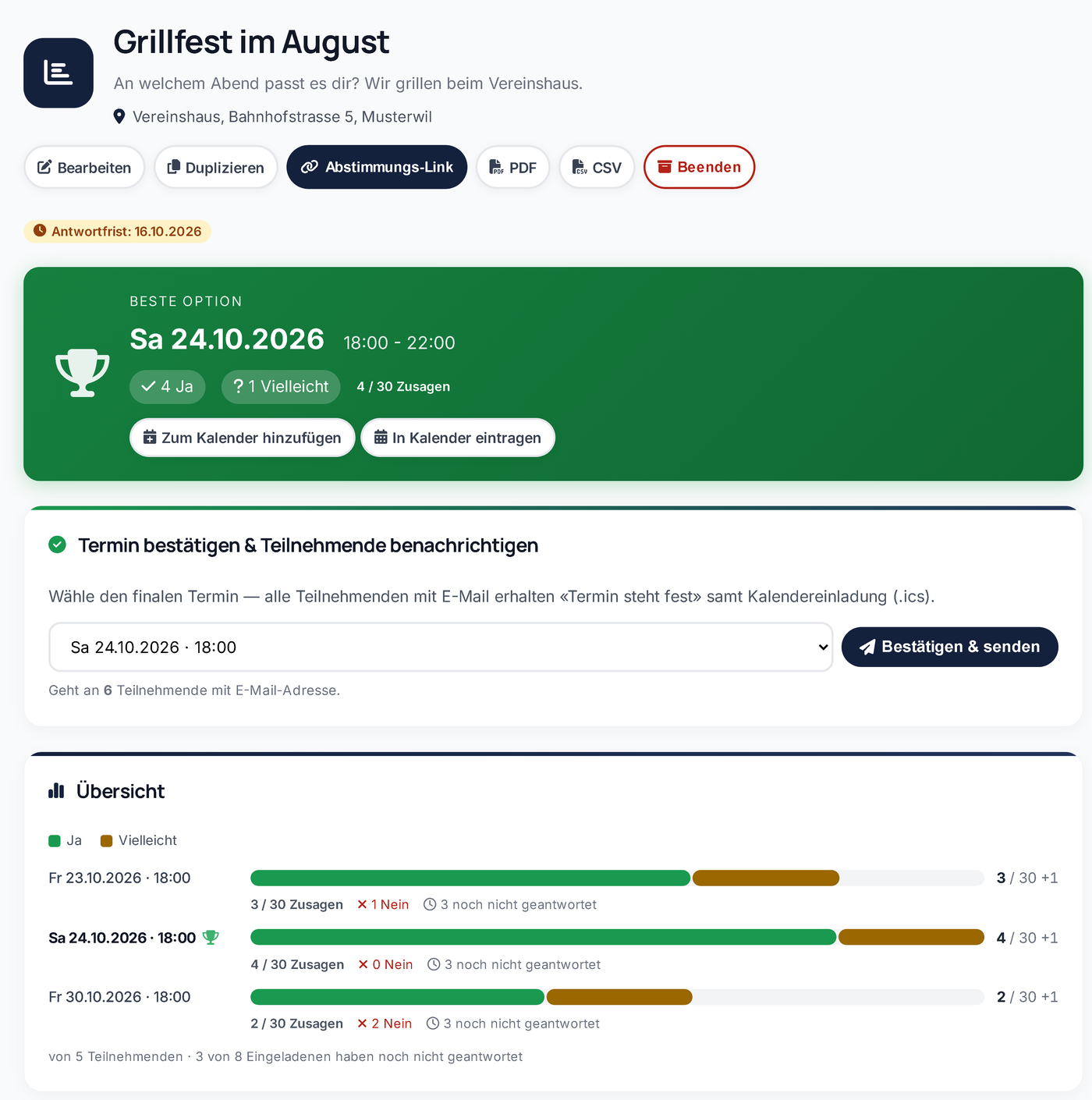 Ergebnis mit Balken-Übersicht, bester Option und Kalender-Export