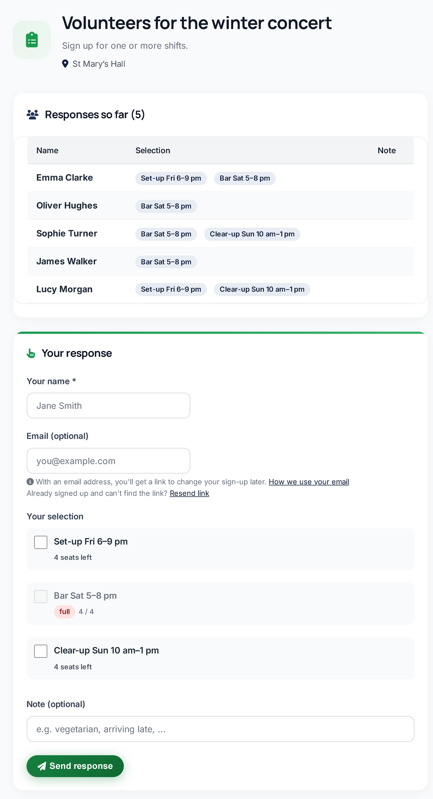 Sign-up for volunteer shifts: two shifts with seats left, one shift full