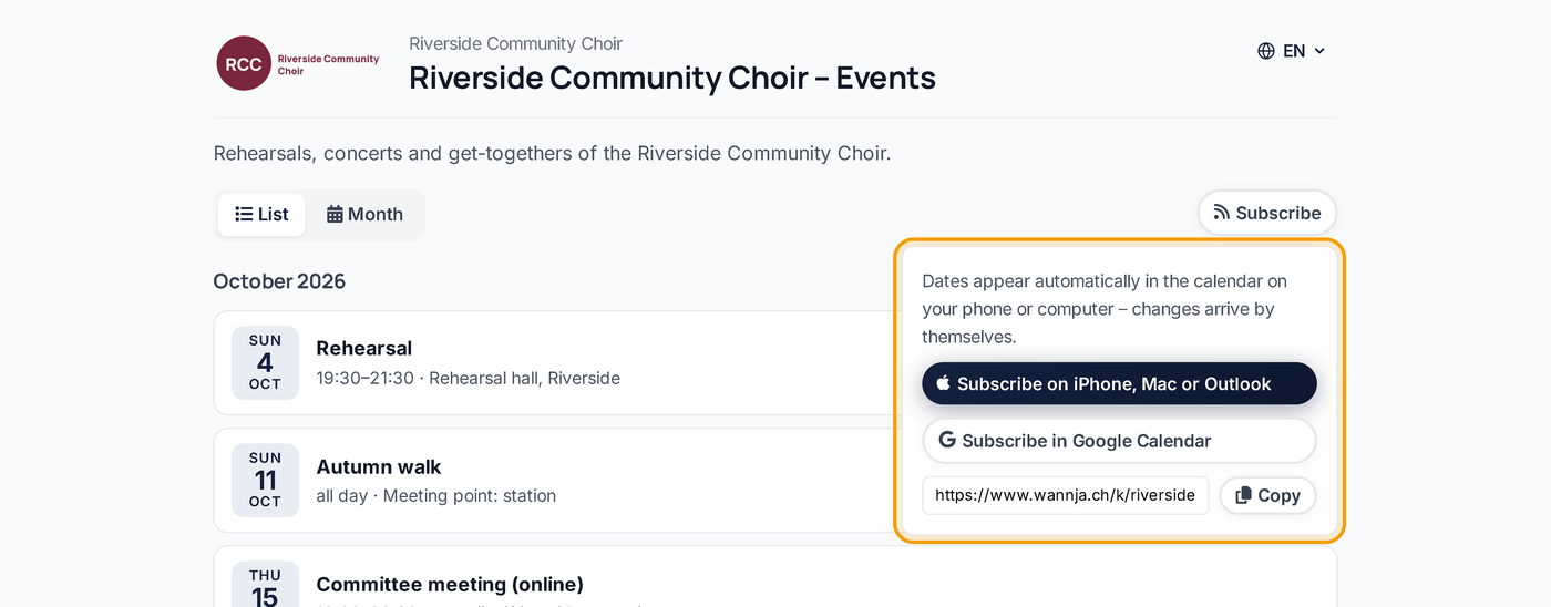 Calendar page with the “Subscribe” section