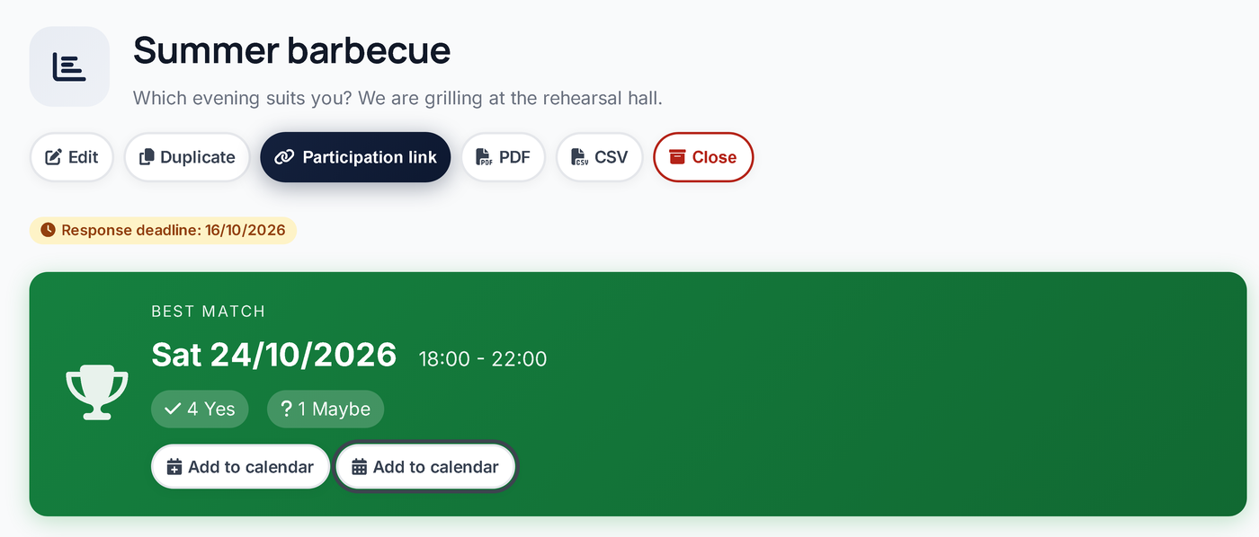 Poll results with the button “Add to calendar”