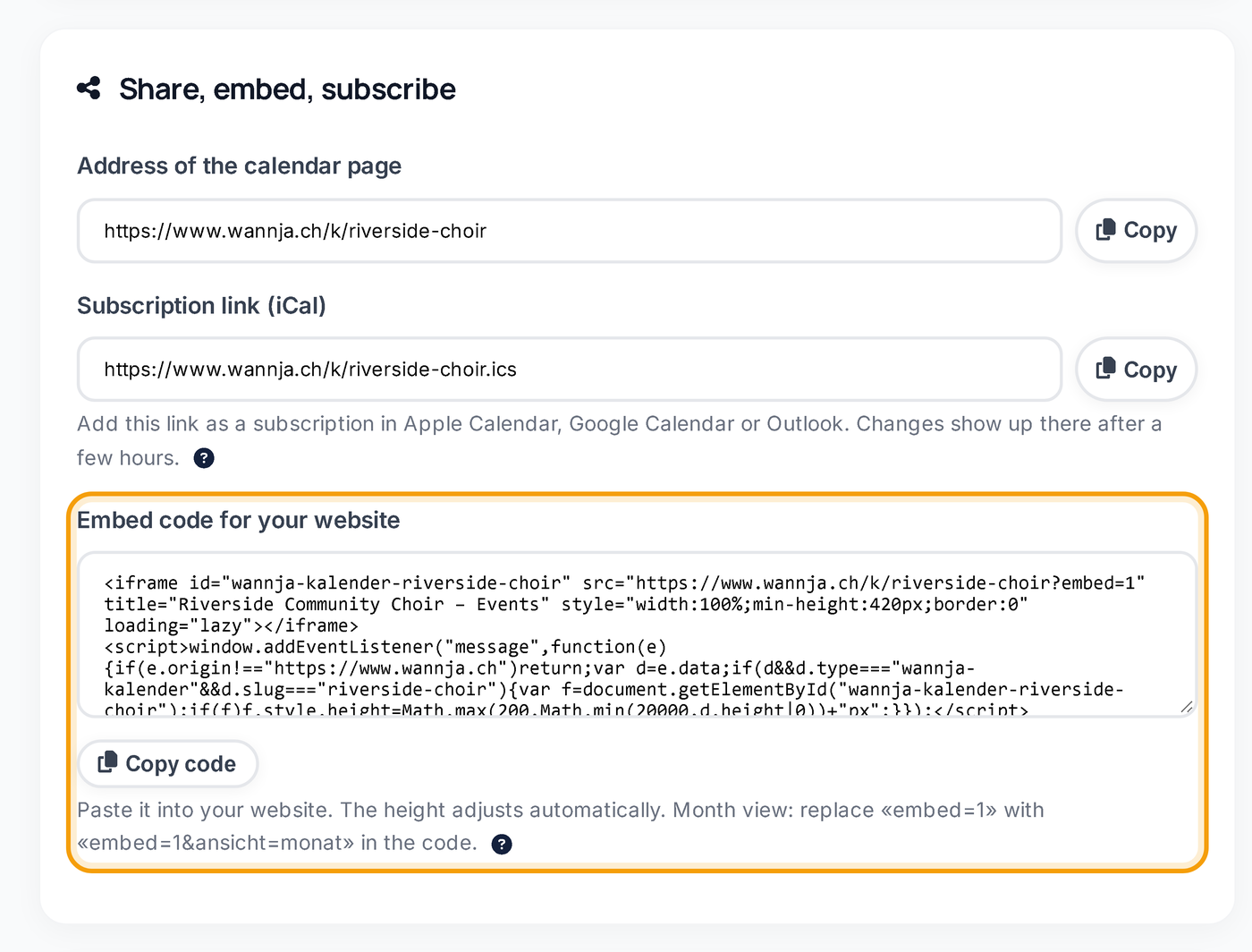 Copying the calendar’s embed code