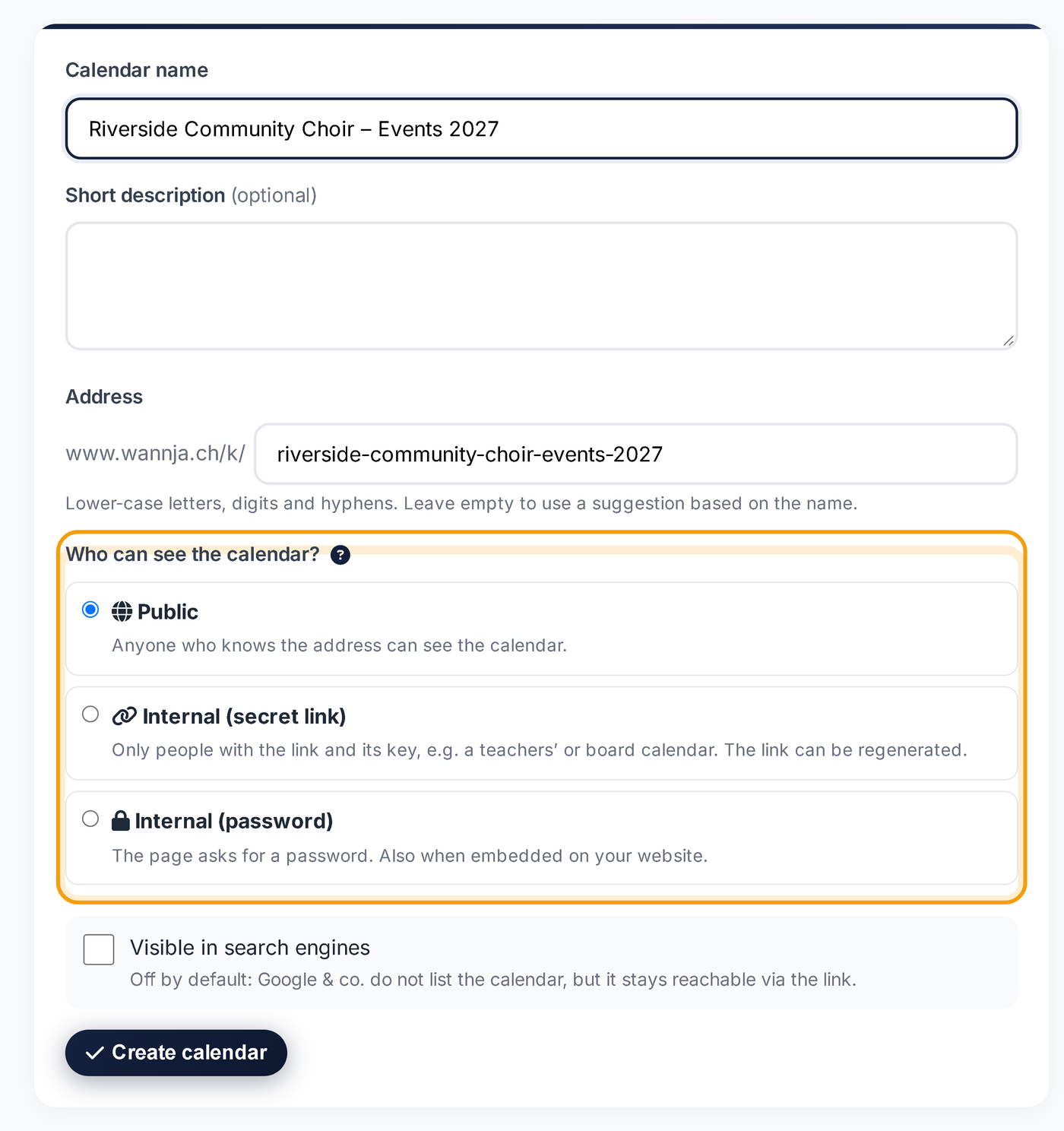 Creating a new calendar: name, address and who sees it