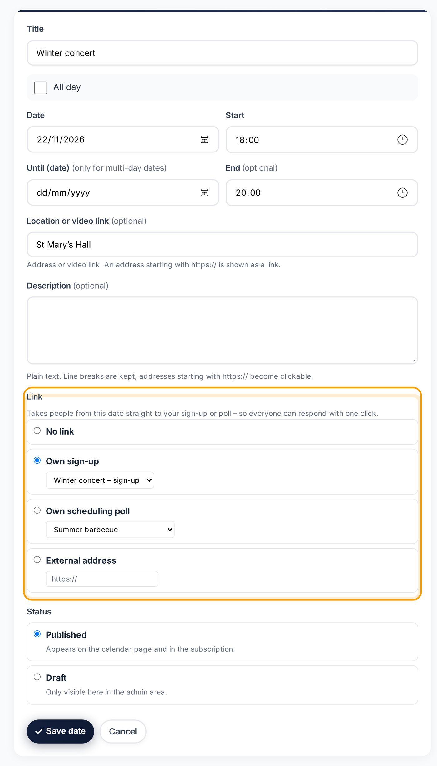 New date with date, time, location and a link to a sign-up