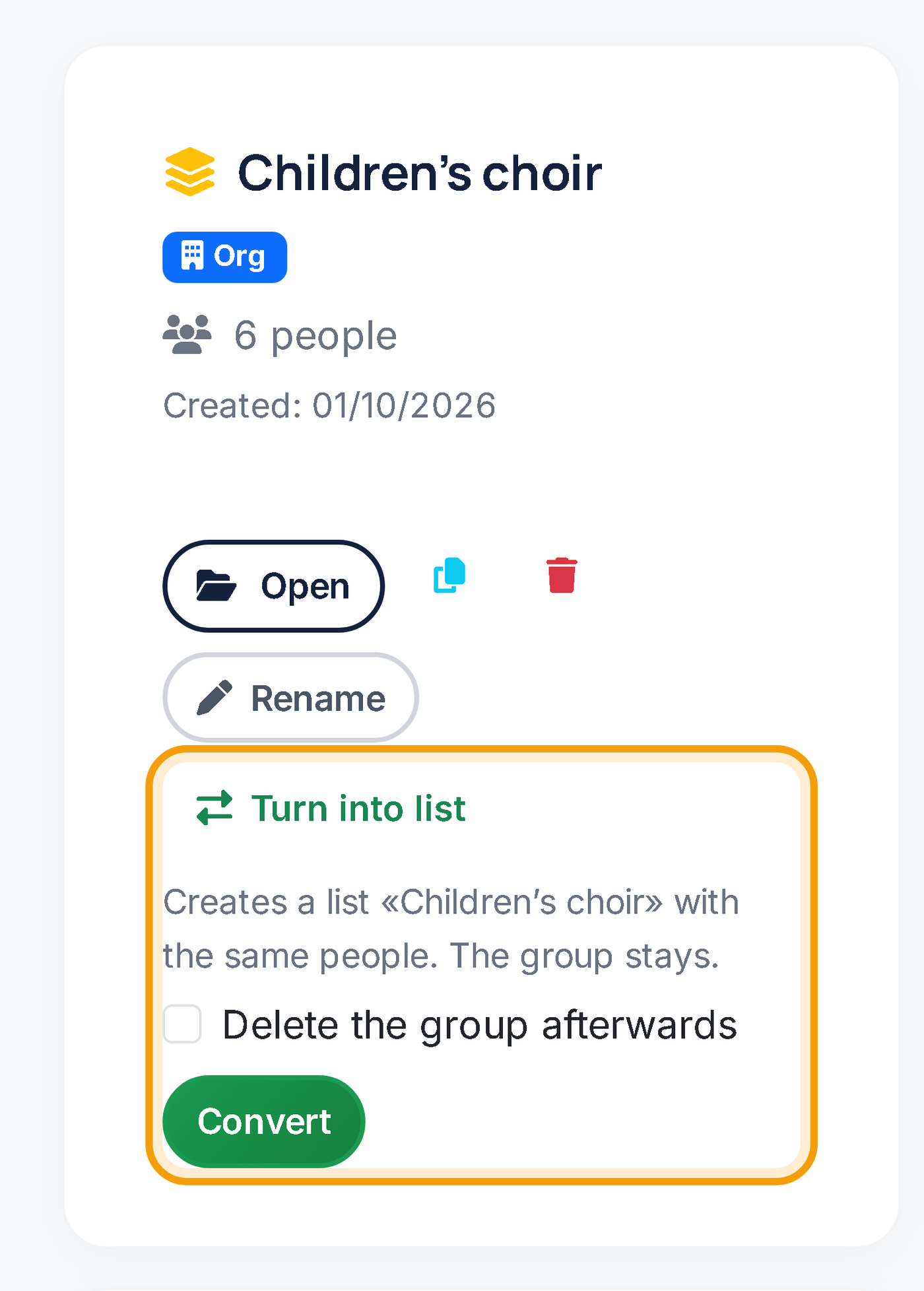 Turning the group Children’s choir into a list