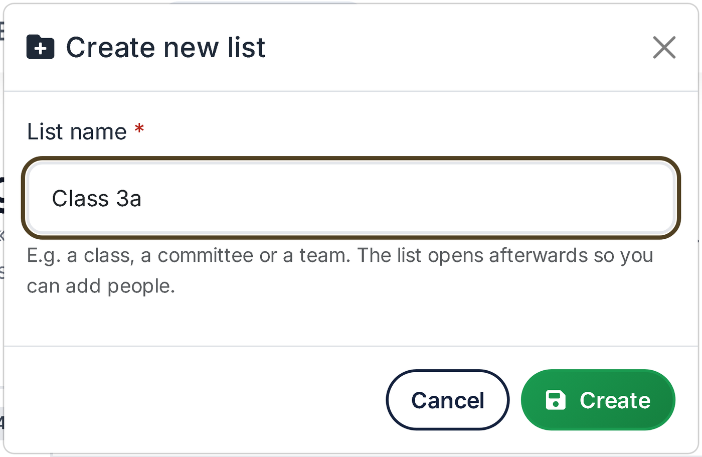 “New list” window with the name Class 3a