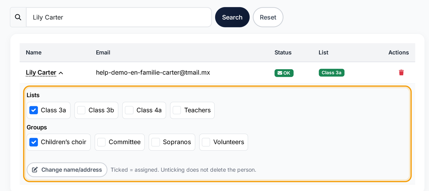 Opened person with tick boxes for lists and groups