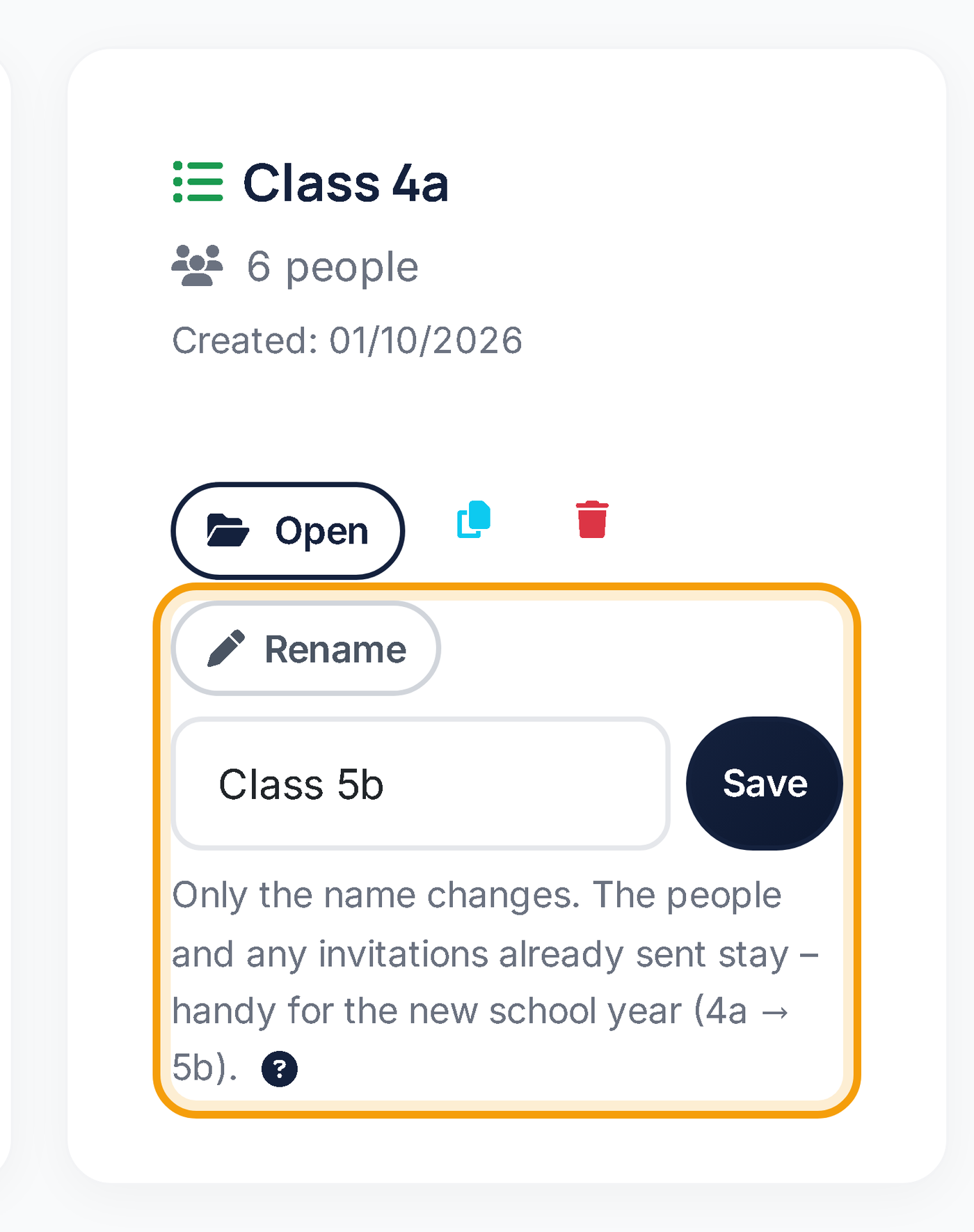 Renaming a list: Class 4a becomes Class 5b