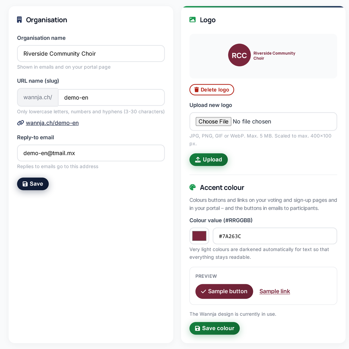 Settings with organisation name, portal address, logo and accent colour
