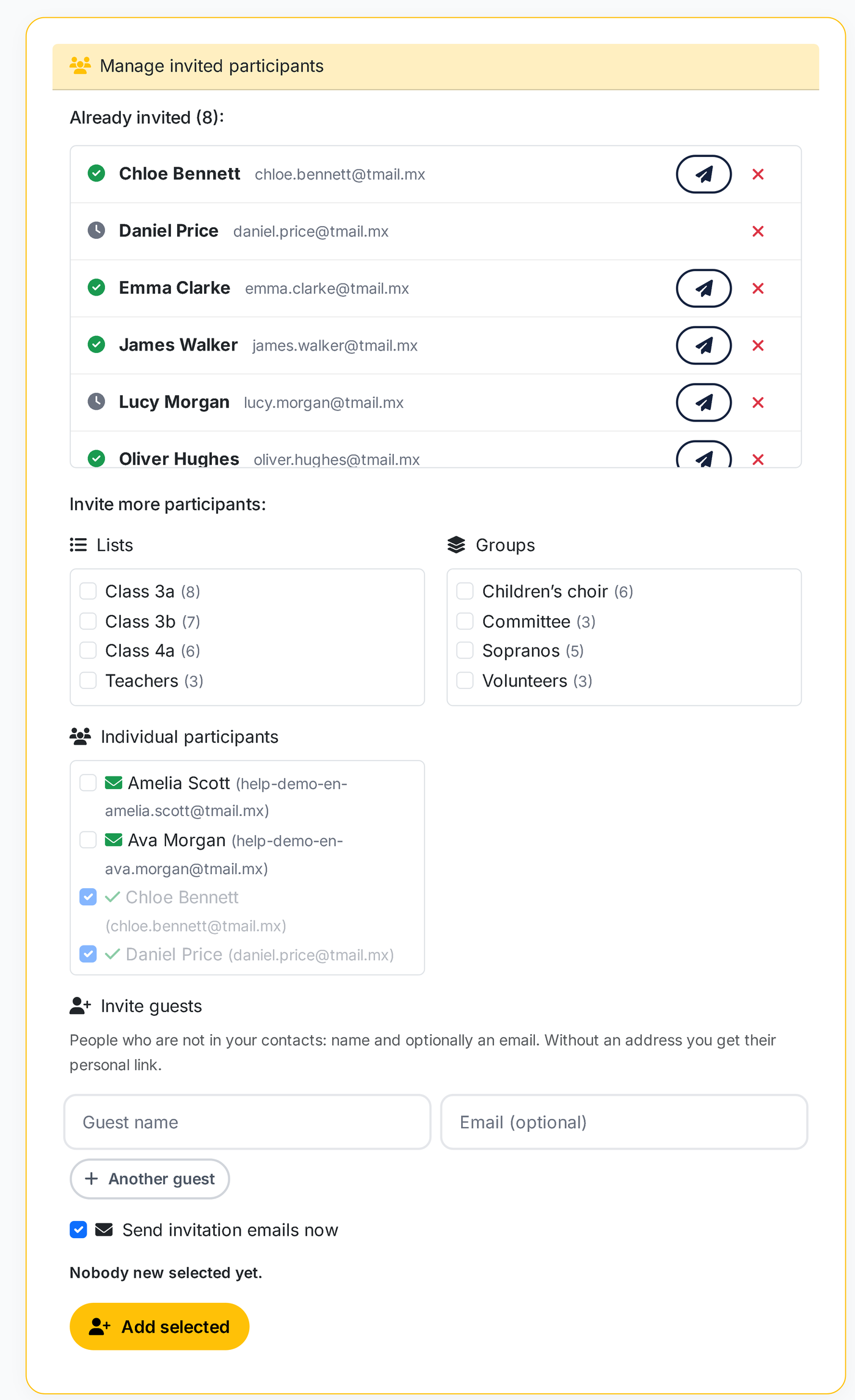 Manage invitations: invite lists, groups, individual people and guests
