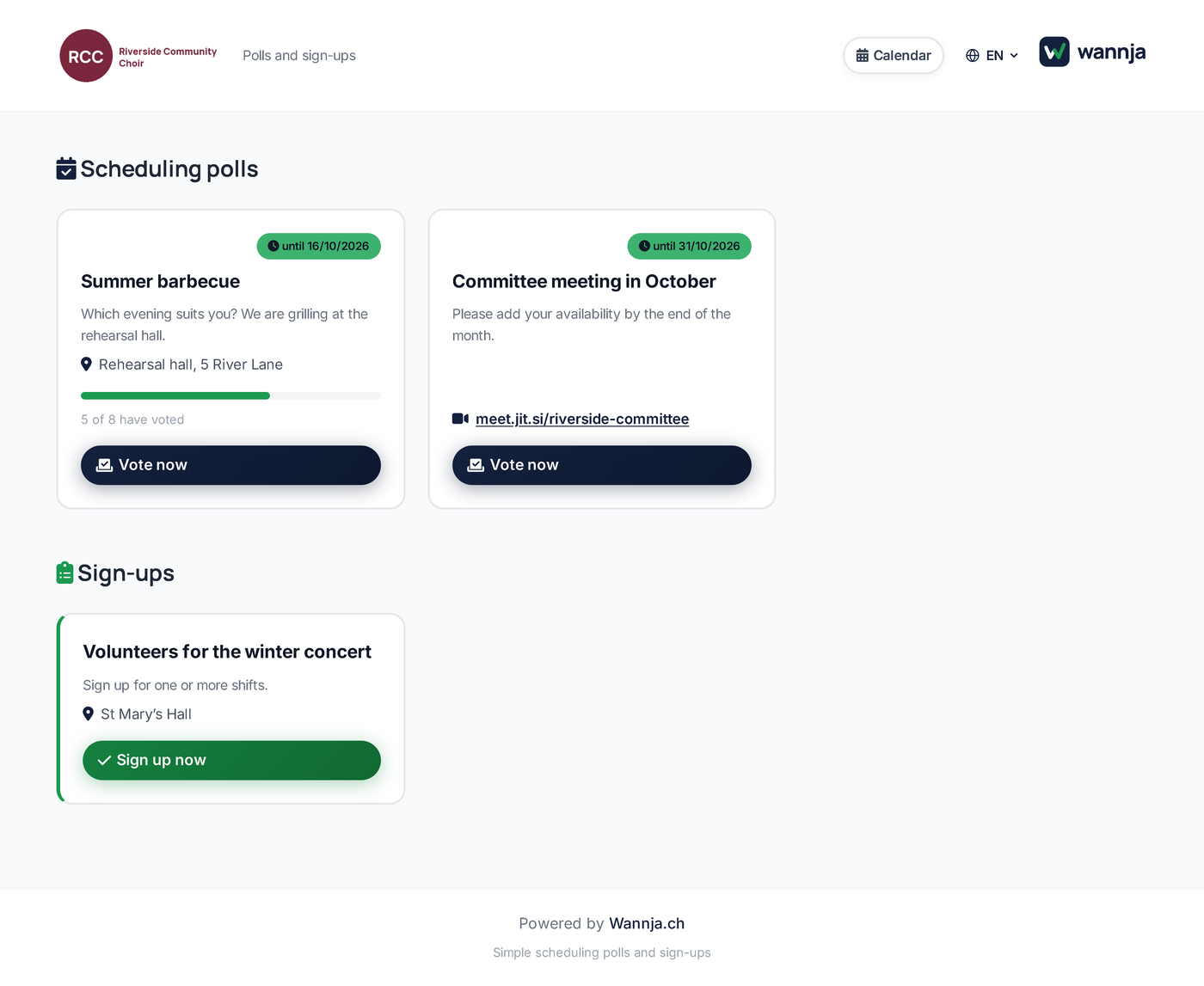 Public club portal with logo, polls, sign-up and “Calendar” button