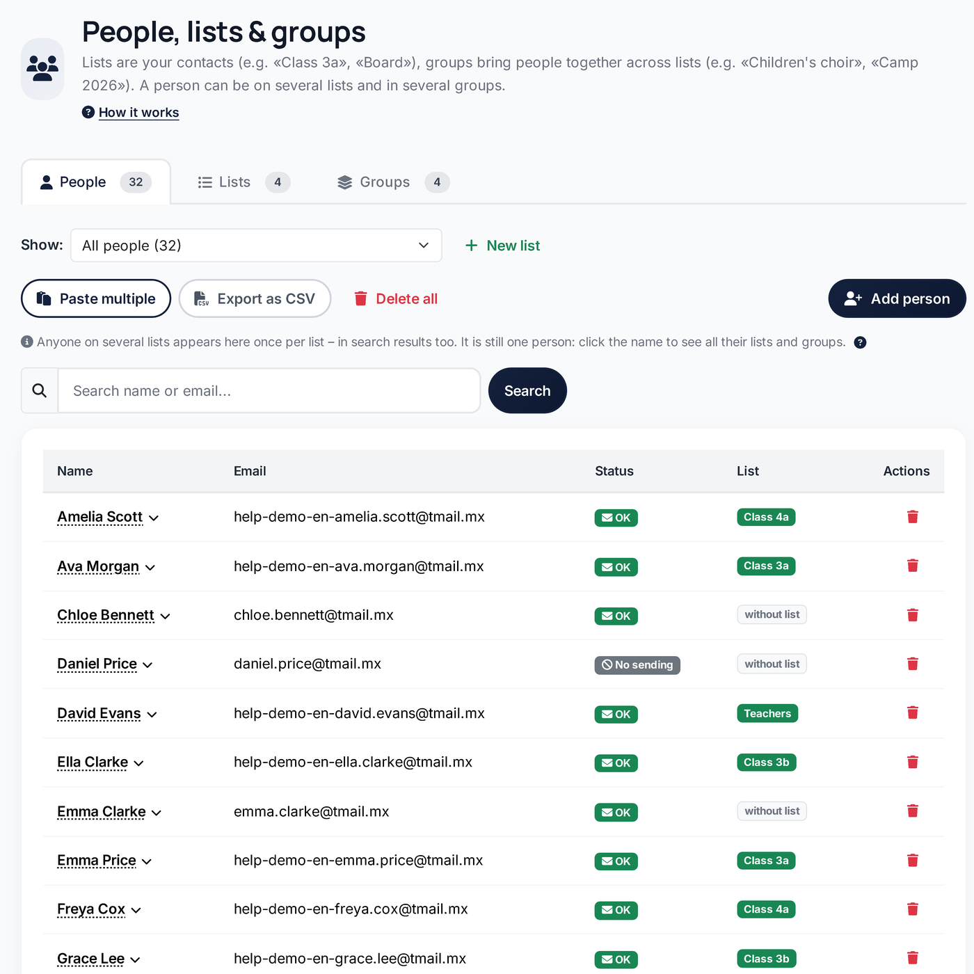 People with list and status, tabs for lists and groups