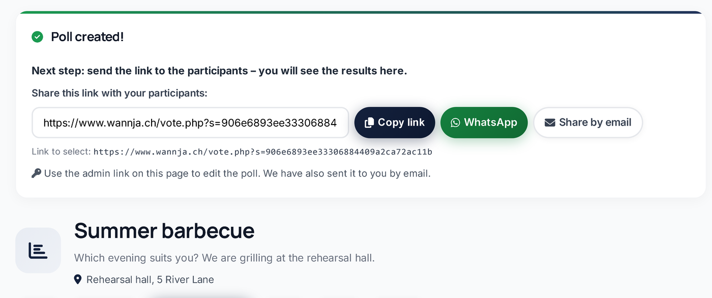 Share the poll: copy the link, send it by email or WhatsApp