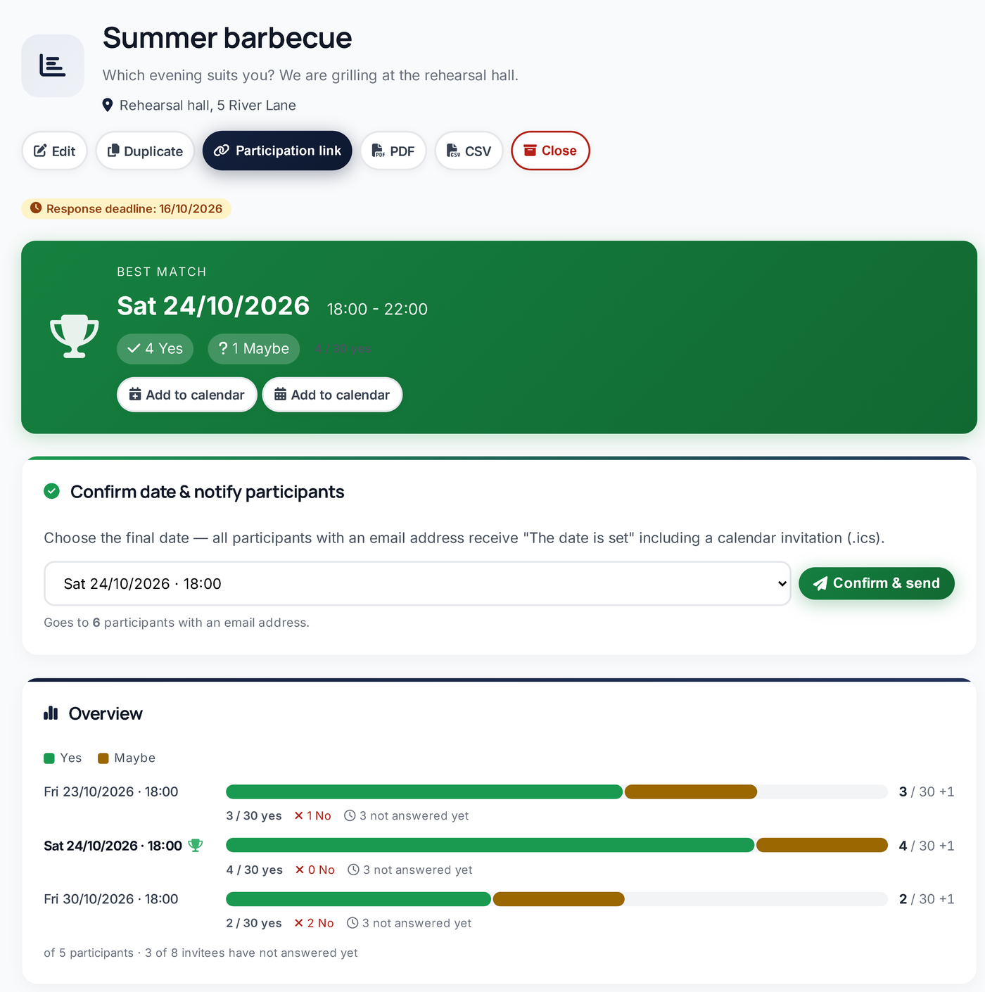 Results with bar chart, best match and calendar export