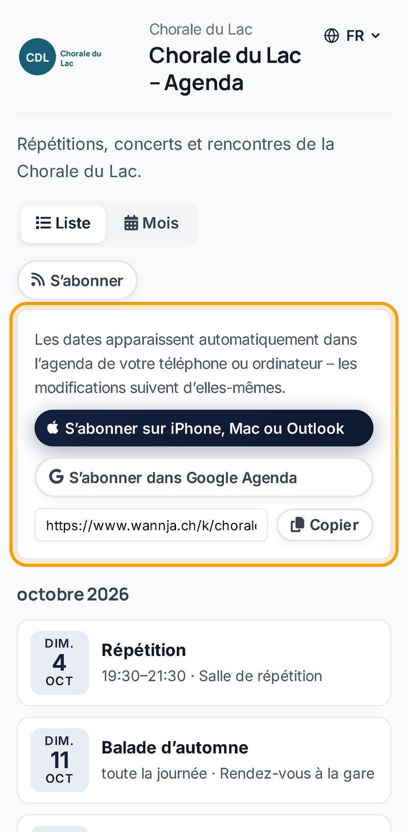 S’abonner à l’agenda sur un téléphone