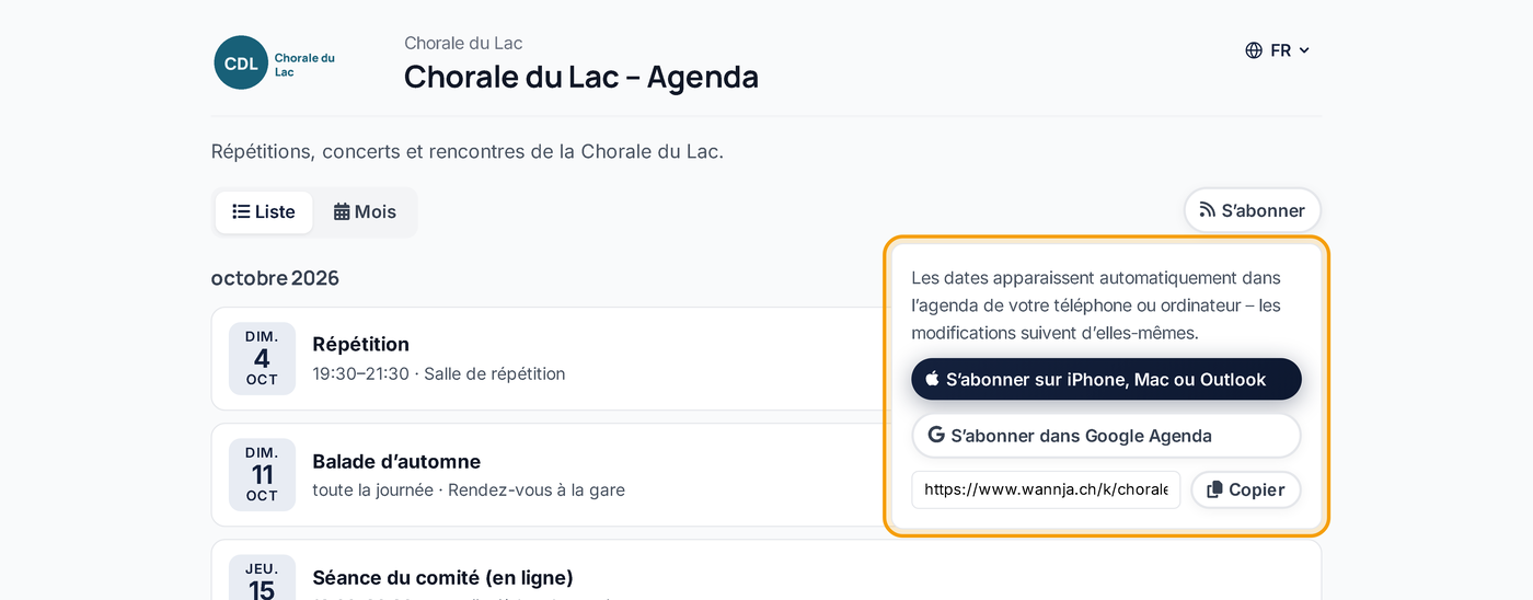 Page de l’agenda avec la partie « S’abonner »