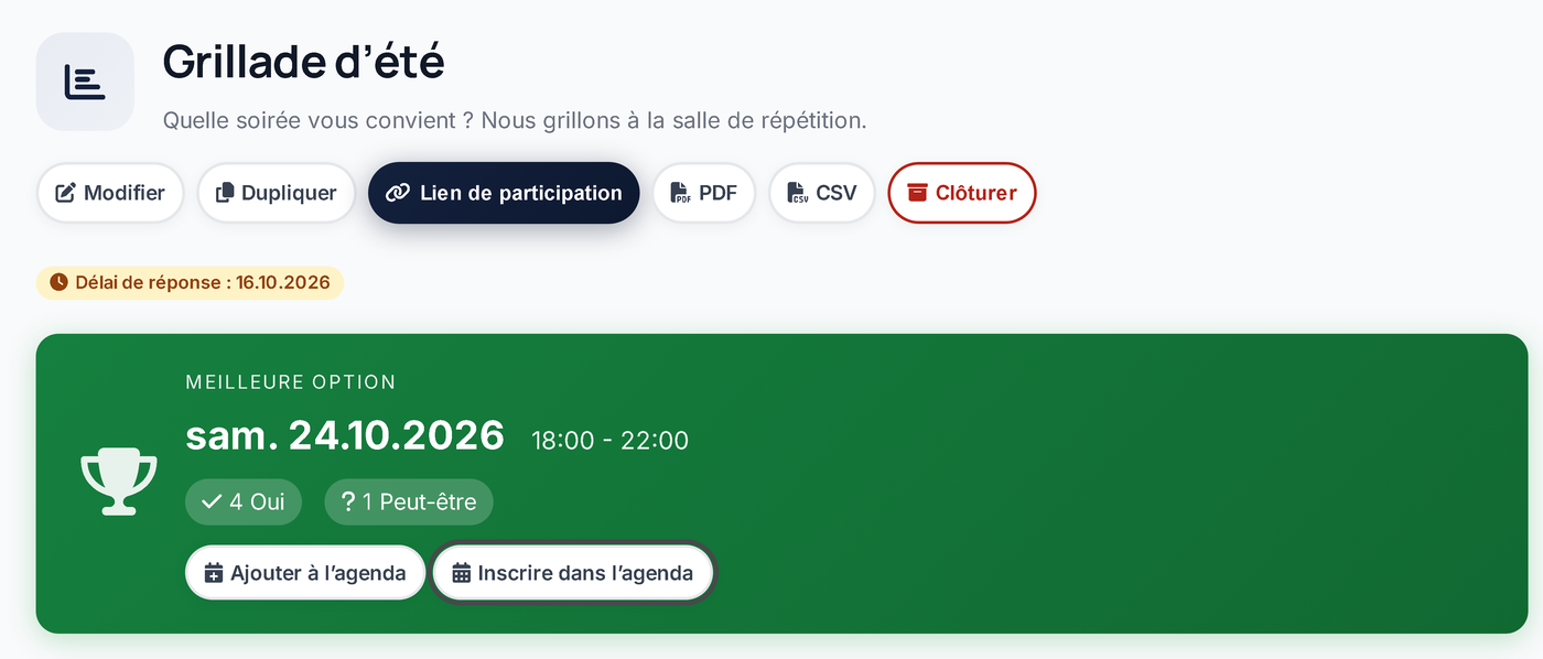 Résultats d’un sondage avec le bouton « Inscrire dans l’agenda »