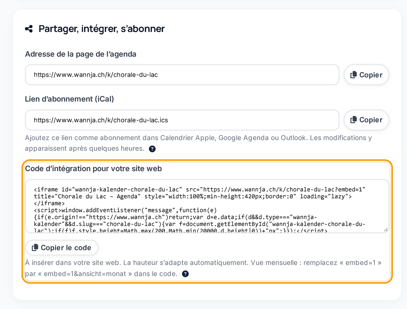 Copier le code d’intégration de l’agenda
