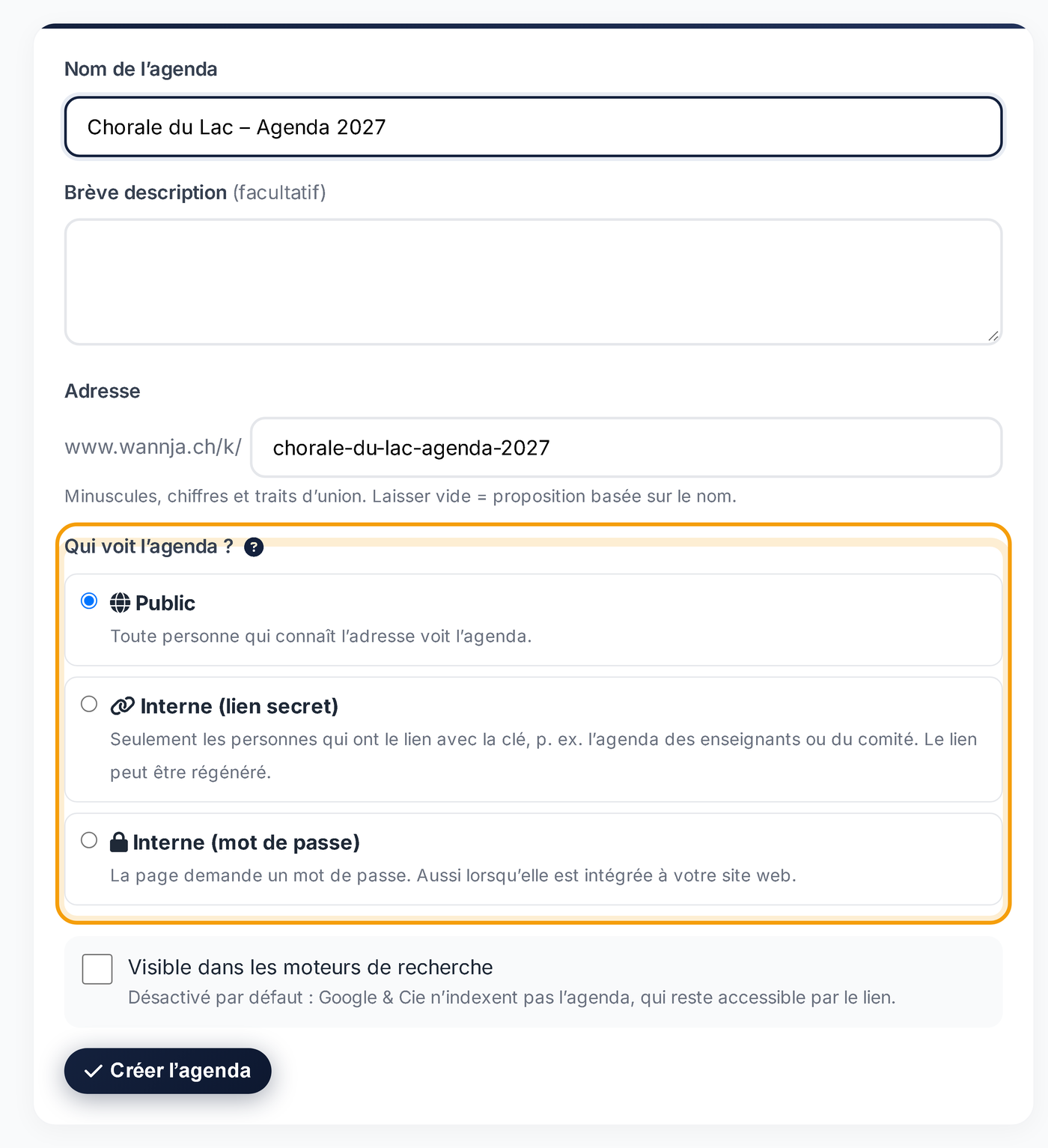 Créer un nouvel agenda : nom, adresse et qui le voit