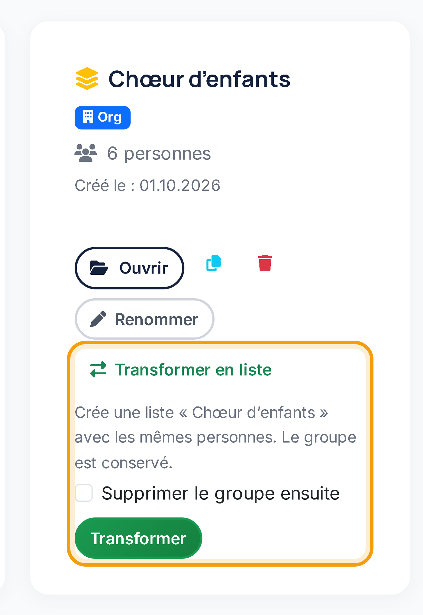 Transformer le groupe Chœur d’enfants en liste