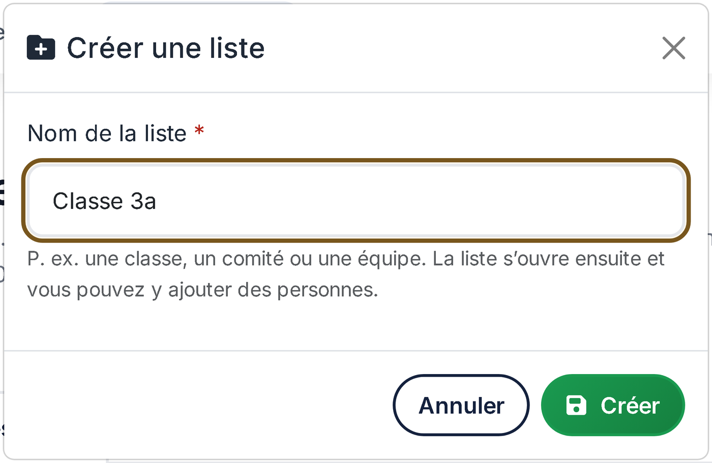 Fenêtre « Nouvelle liste » avec le nom Classe 3a