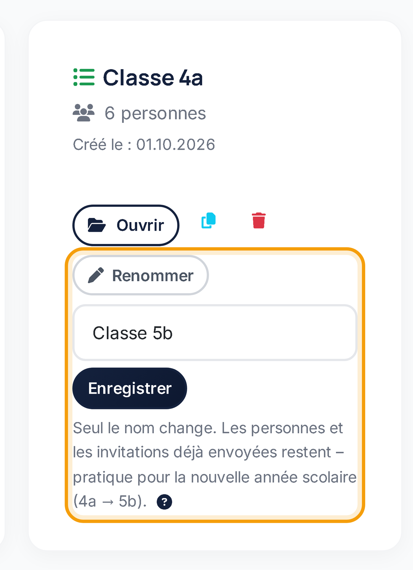 Renommer une liste : la Classe 4a devient la Classe 5b