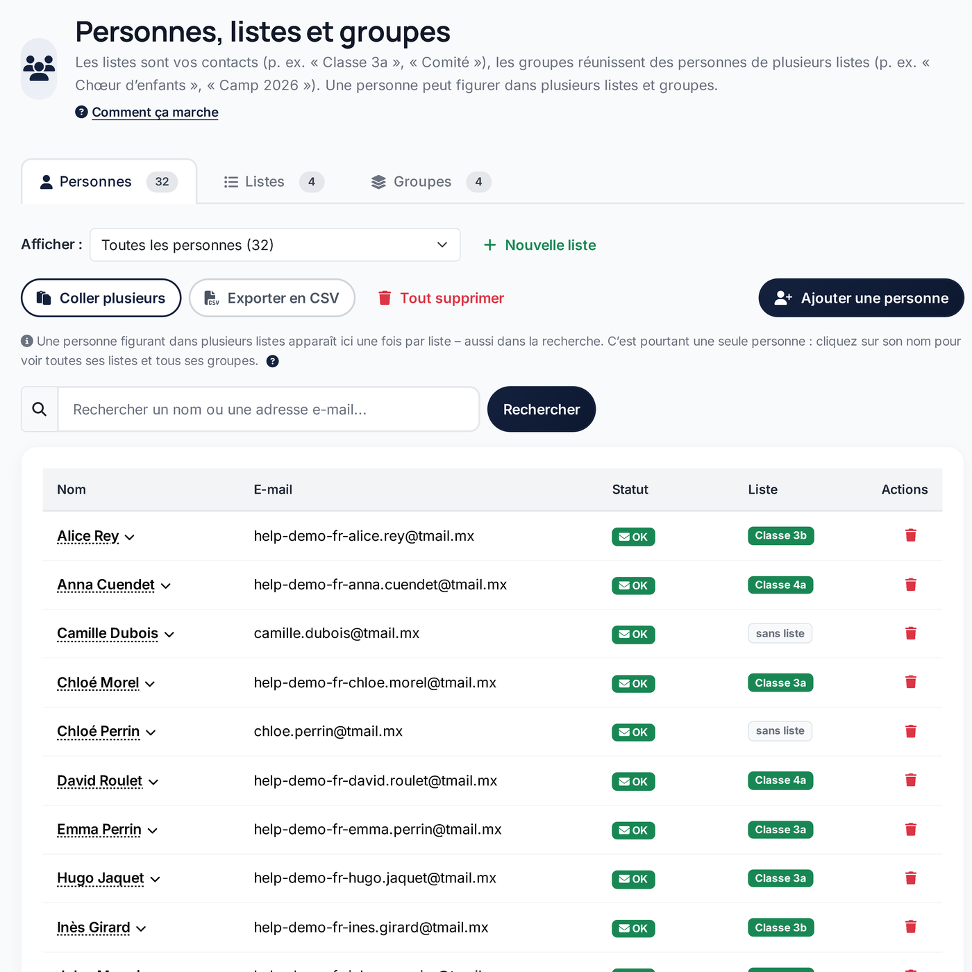 Personnes avec liste et statut, onglets Listes et Groupes