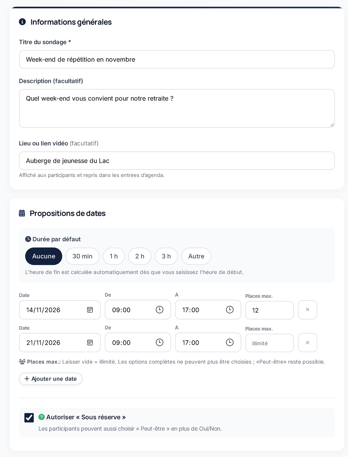 Créer un sondage de dates : titre, lieu, propositions de date et places max.