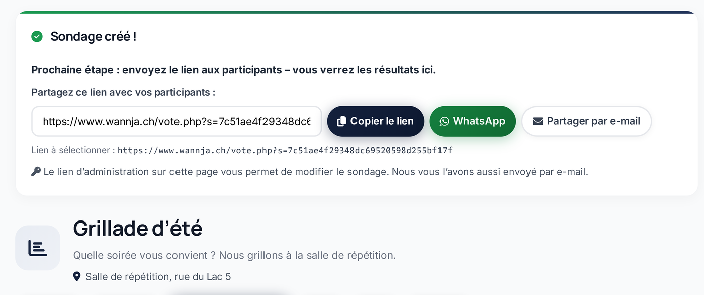 Partager le sondage par lien ou WhatsApp