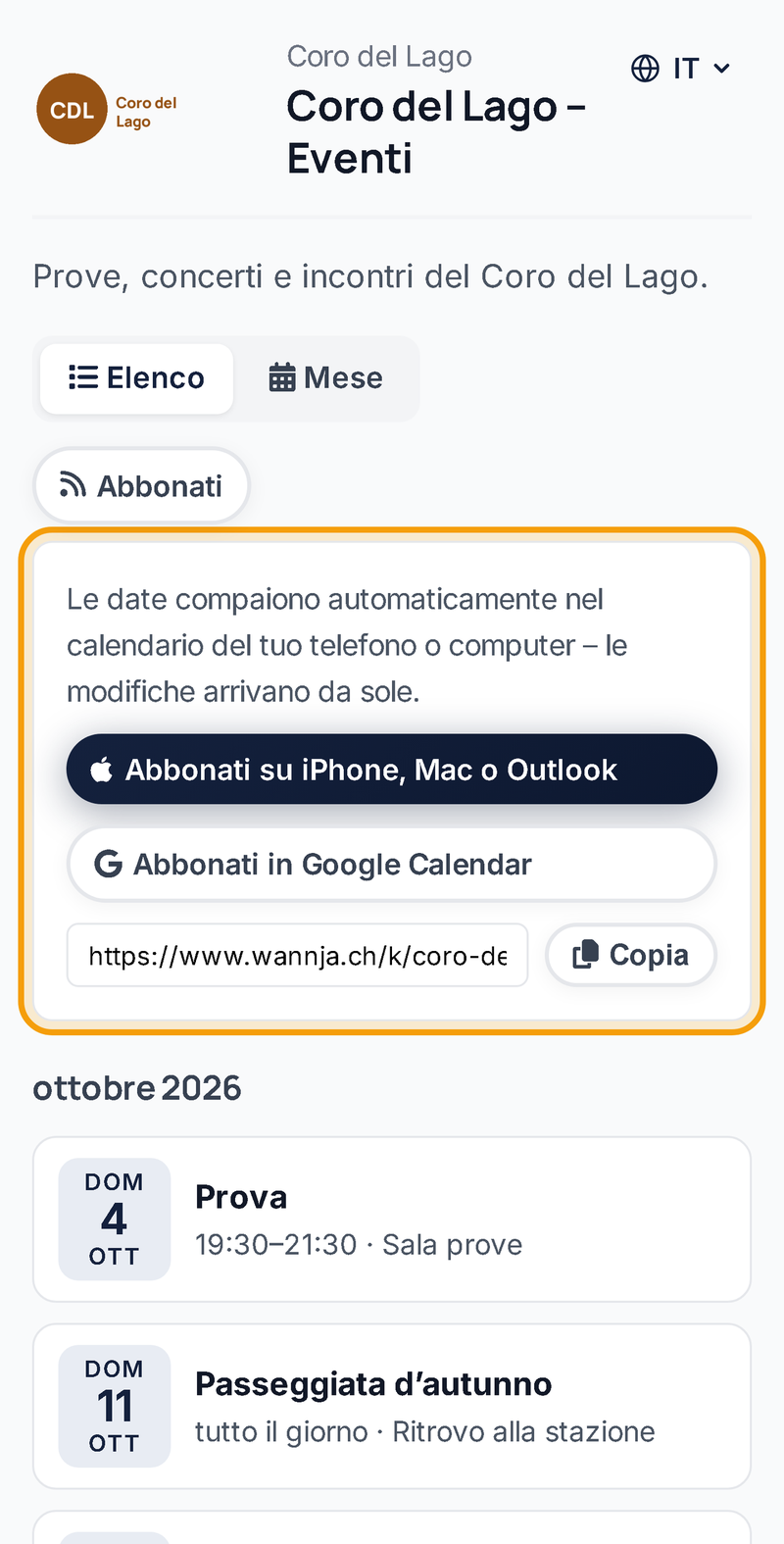 Abbonarsi al calendario sul telefono