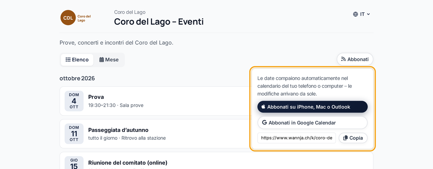 Pagina del calendario con la parte «Abbonati»