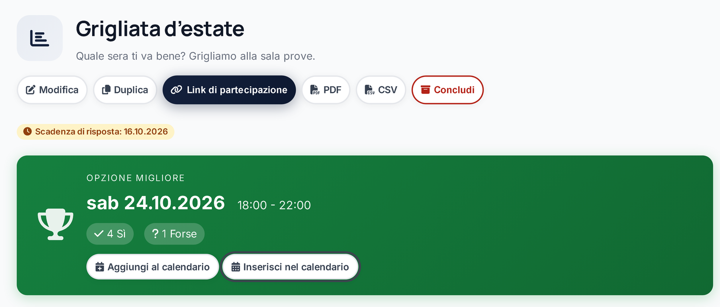 Risultati di un sondaggio con il pulsante «Inserisci nel calendario»