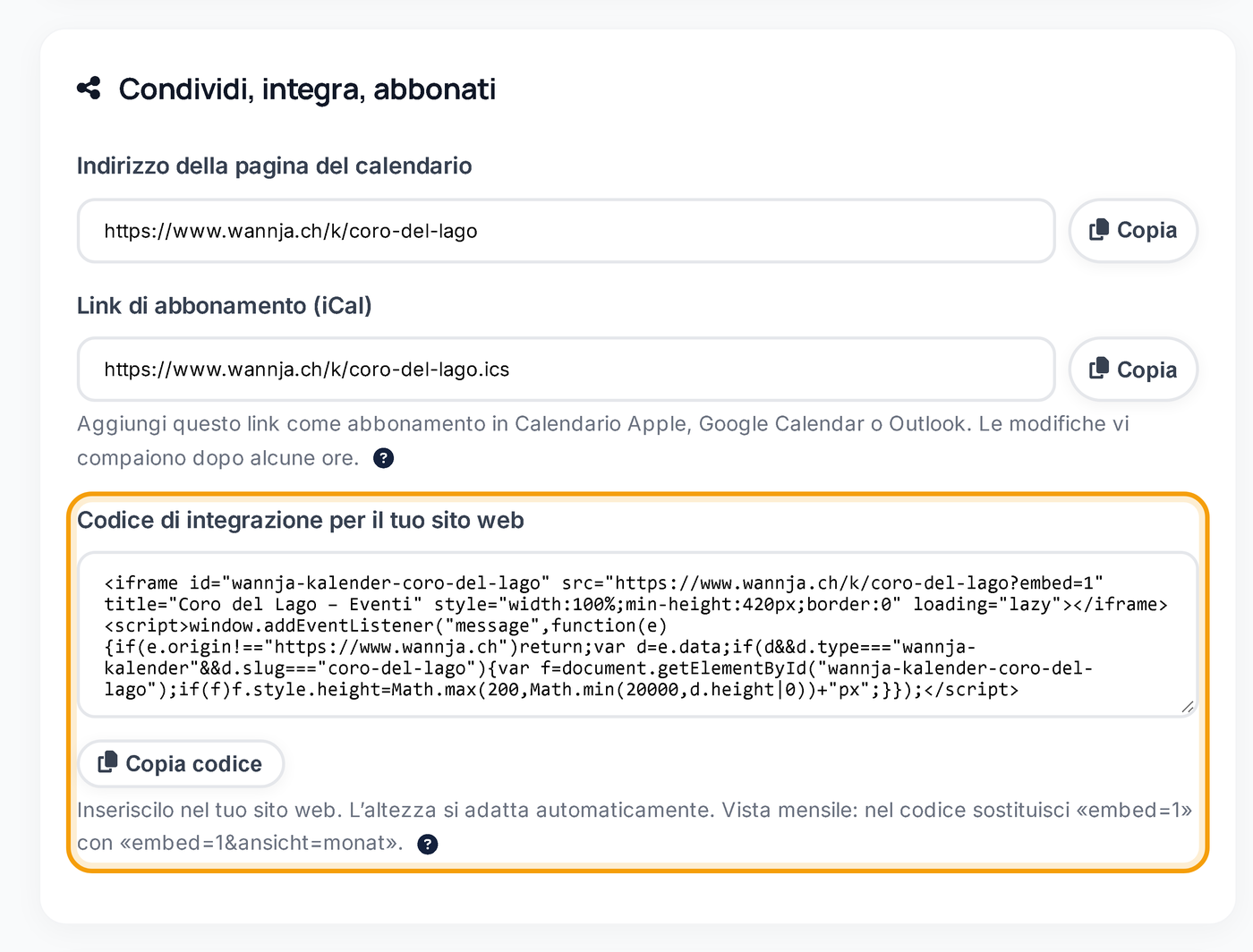 Copiare il codice di integrazione del calendario