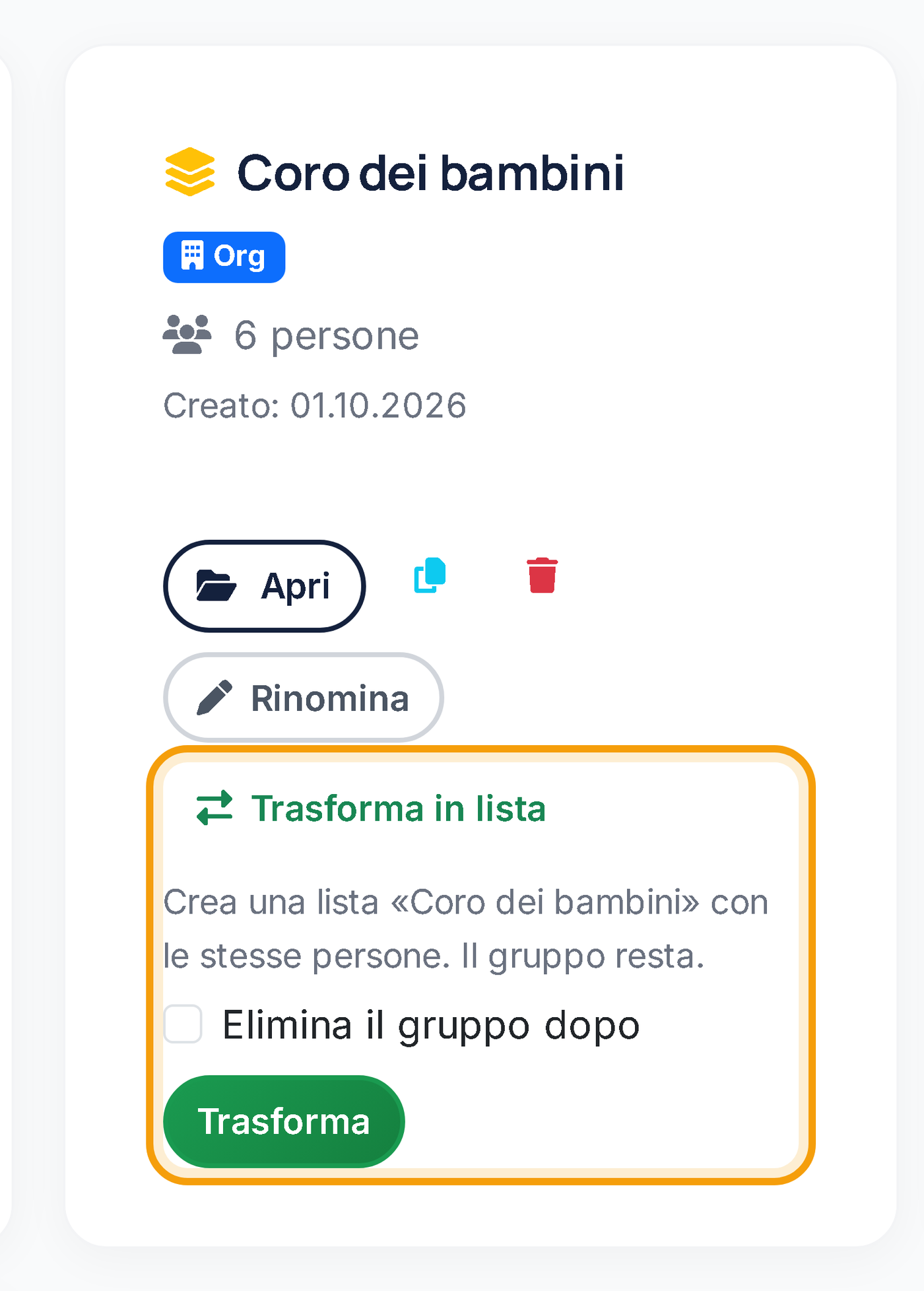 Trasformare il gruppo Coro dei bambini in una lista