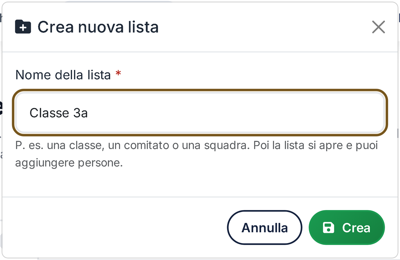 Finestra «Nuova lista» con il nome Classe 3a