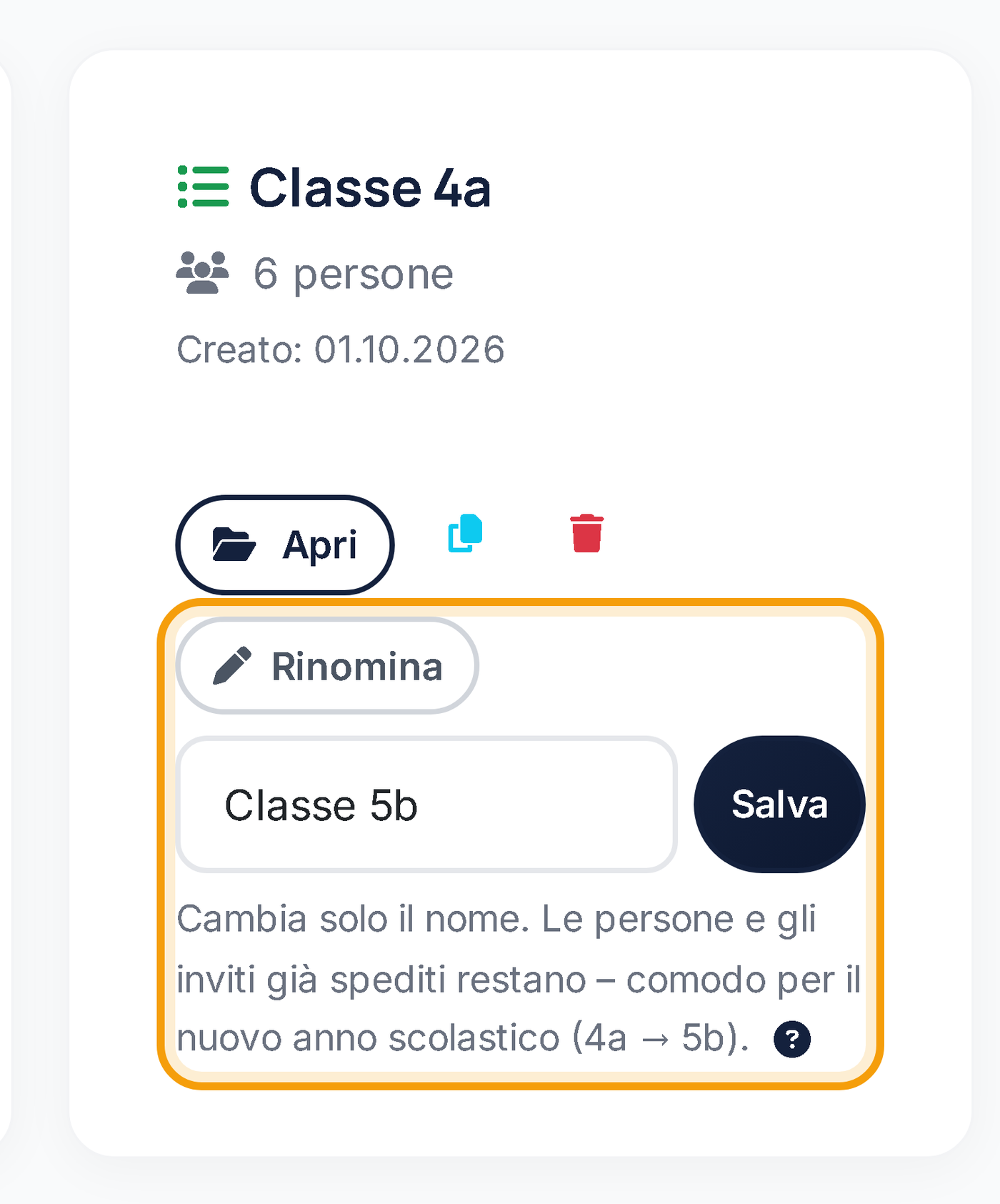 Rinominare una lista: la Classe 4a diventa Classe 5b
