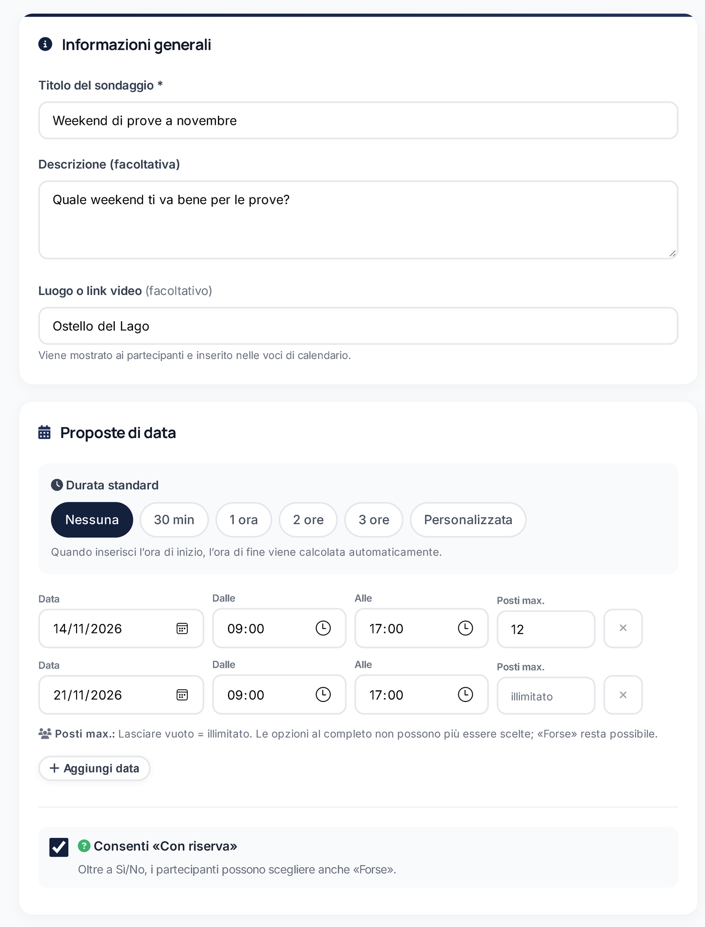 Creare un sondaggio date: inserire titolo, luogo, proposte di data e posti max.