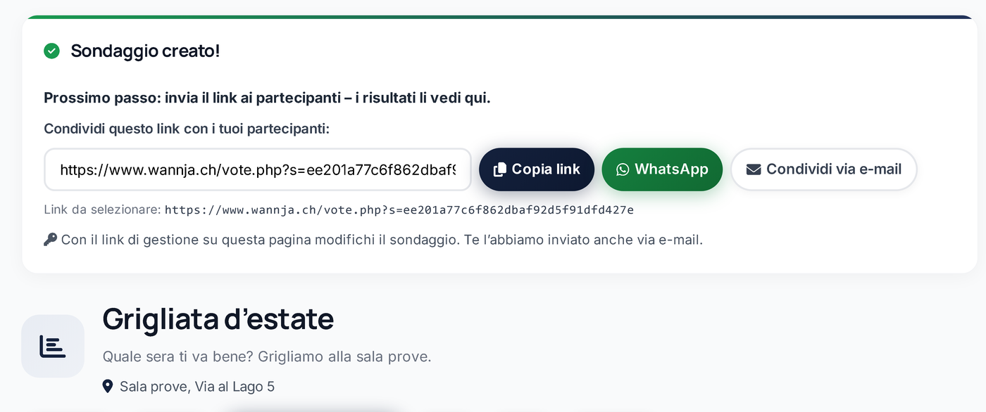 Condividi il sondaggio tramite link o WhatsApp